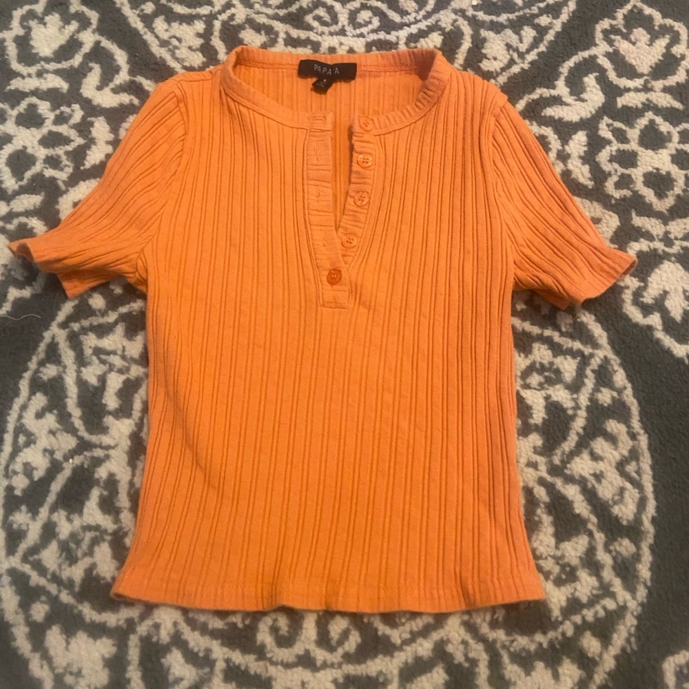 Papaya Orange Fitted Cropped Half Button Up